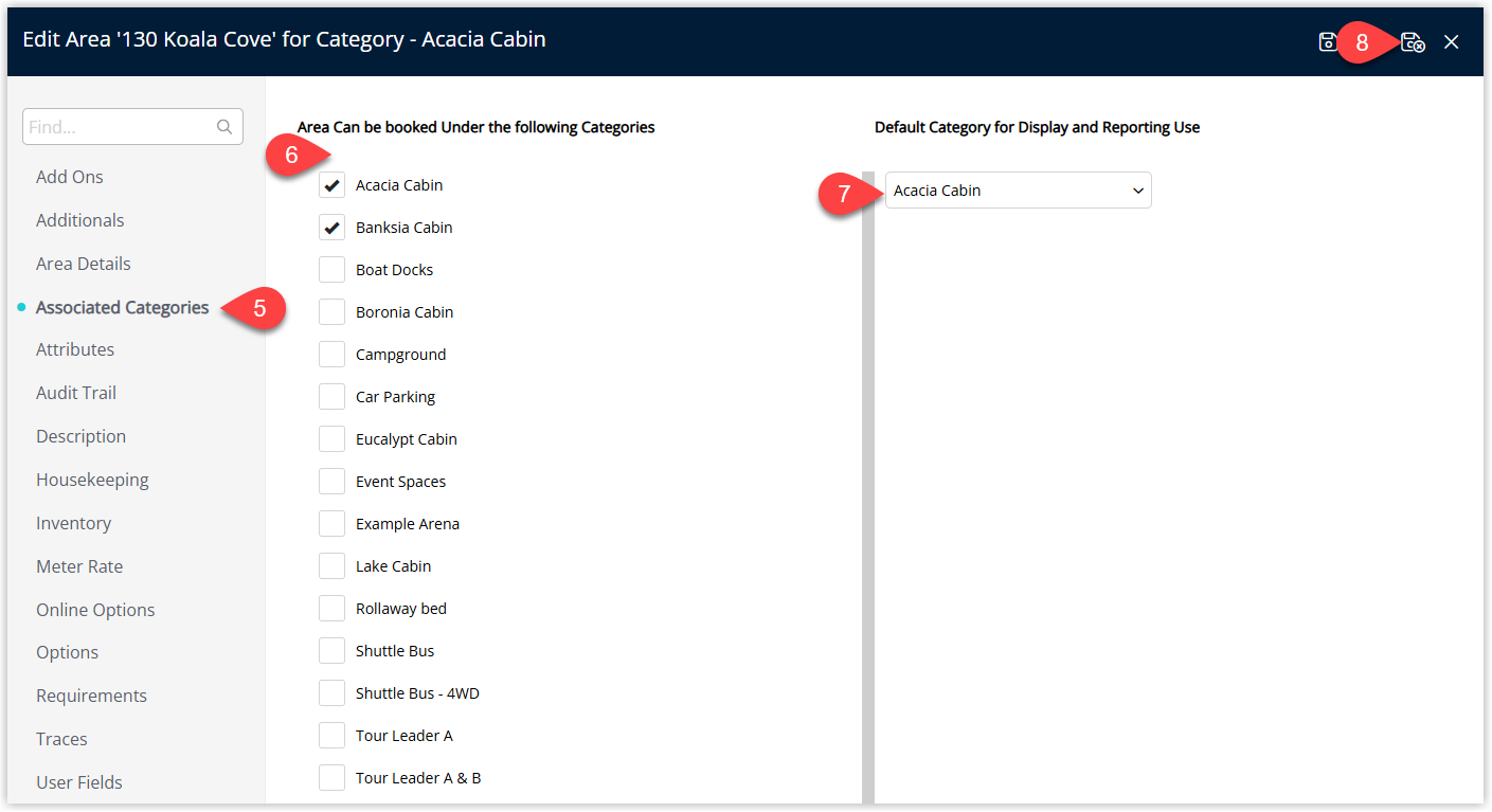 Screenshot of the Associated Categories tab for an Area, showing the list of categories that the Area can be sold as and the checkboxes used to select them.
