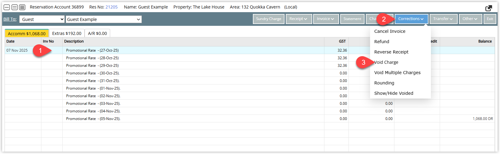 RMS account transactions screen showing a specific charge highlighted, with the Corrections menu open and the Void Charge option selected to begin voiding the transaction.