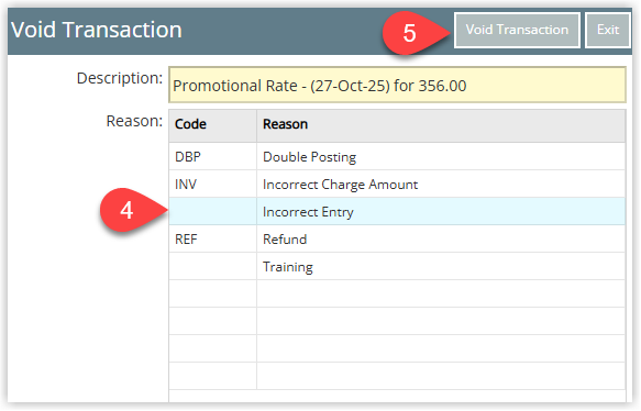 RMS Void Transaction confirmation window displaying a Void Reason drop‑down with a reason selected for cancelling the charge, and the Void Transaction button highlighted to confirm the void on the account.