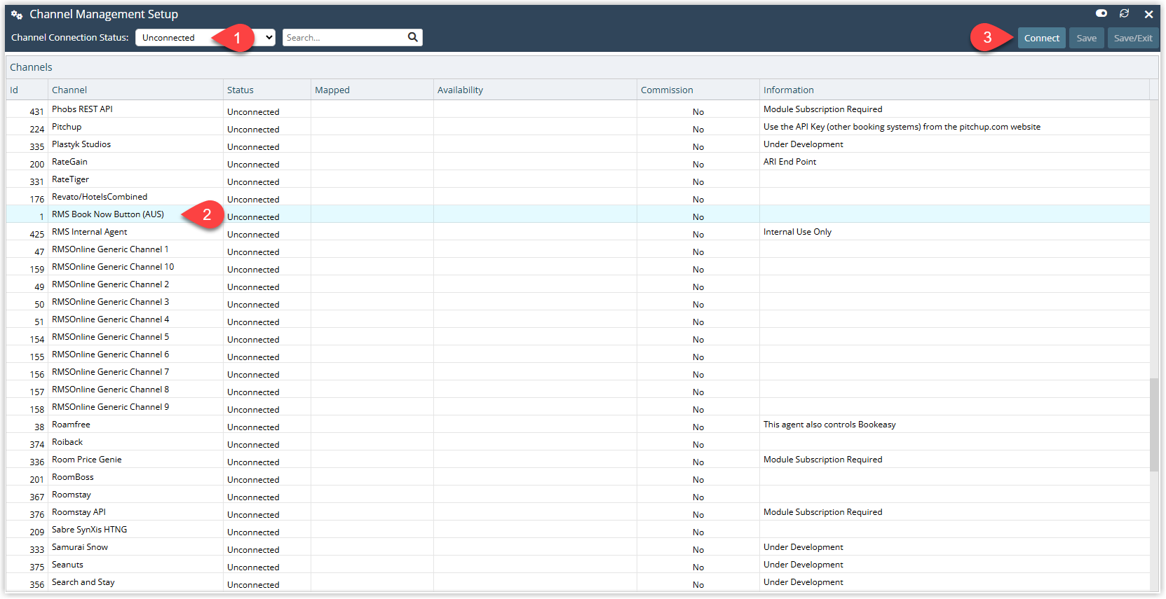 RMS Channel Management screen filtered to Unconnected view with the RMS Book Now Button channel highlighted and the Connect button selected to activate the RMS Booking Engine channel.