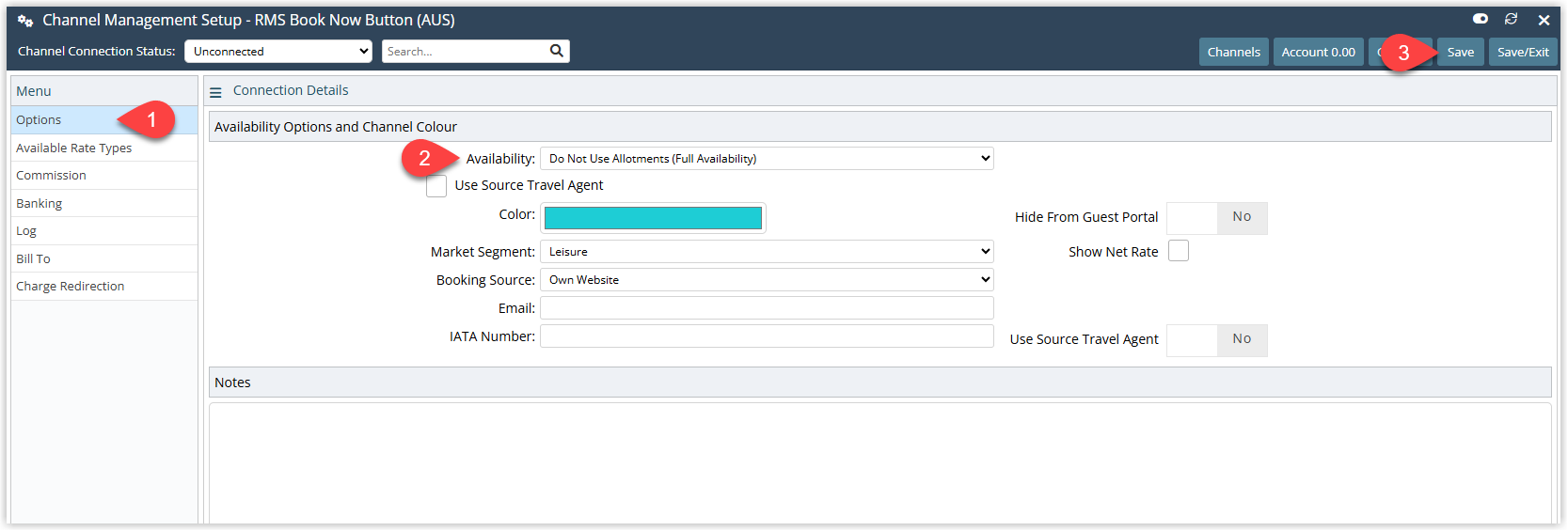 RMS Booking Engine channel Options screen showing Availability selection (Do Not Use Allotments, Channel Allotment, or Default Allotment), optional channel colour, Hide Reservations from Guest Portal, Market Segment, Show Net Rate checkbox, and Booking Source fields with the Save button highlighted.
