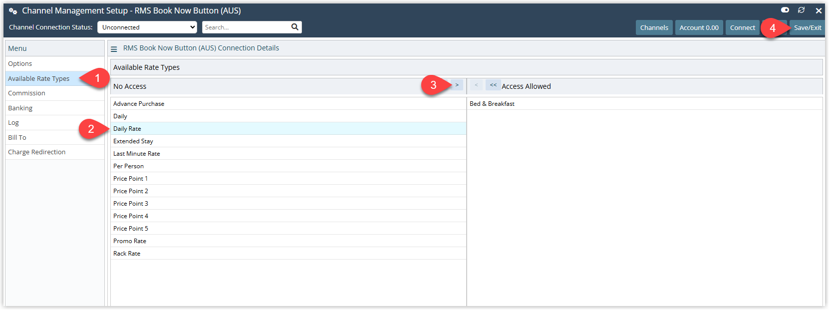RMS Booking Engine channel Available Rate Types screen displaying a list of rate types with selected items allocated to the channel and the Save/Exit button chosen to confirm which rate types appear on the RMS Booking Engine.