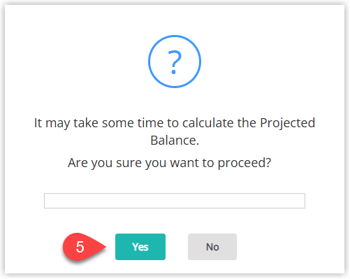 Screenshot of a confirmation dialog in RMS asking to confirm calculation of the Projected Balance for the selected reservations with Yes and No buttons.