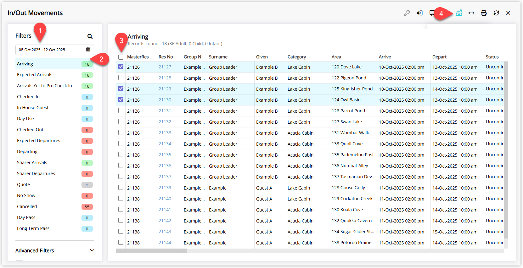 Screenshot of the In/Out Movements screen in RMS with one or more reservations selected and the Calculate Projected Balance option highlighted to display projected account balances.