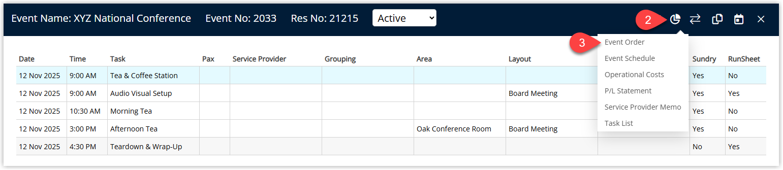 Screenshot of the Event Management menu in RMS showing the Reports option selected and Event Order chosen from the report list.