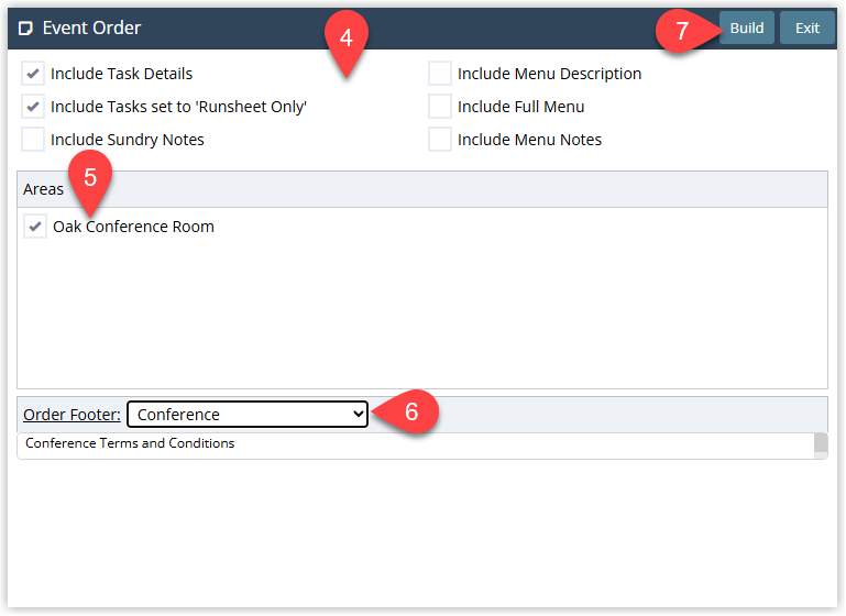 Screenshot of the Event Order build window in RMS showing options to include Task and Menu Details, select Event Areas, choose an Event Order Footer, and the Build button selected to generate the report.