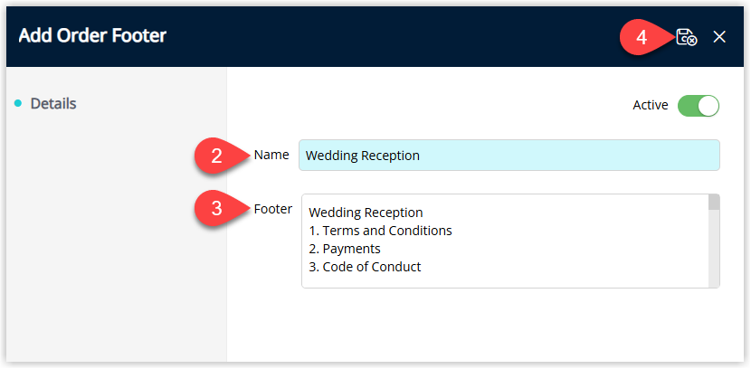RMS Event Order Footer edit window displaying fields for Name and Footer Notes populated with text such as payment terms and conditions, with the Save/Exit button selected to save the new footer for use on event orders.