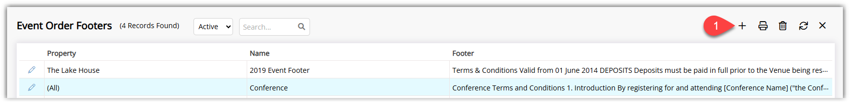 RMS Event Order Footer setup screen under Setup > Event Management > Event Order Footer showing a list of existing footers with the Add button selected to create a new event order footer.