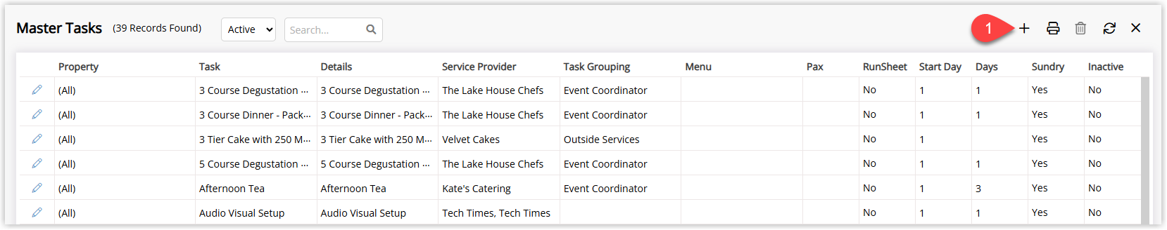 Master Tasks setup screen in RMS showing a list of existing event tasks with an Add button to create a new master task