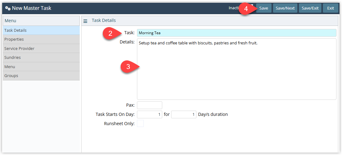 Master Task detail screen displaying fields for Task Name, Task Details, optional Default PAX Amount, Default Start Day and Duration, a checkbox to Only Appear on Event Runsheet, and a Save button with tabs to link Properties, Service Providers and Sundry Charges