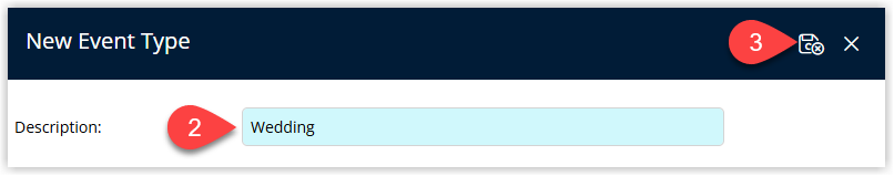 RMS Event Type entry window showing the Event Type Description field populated and the Save/Exit button selected to save the new event type.