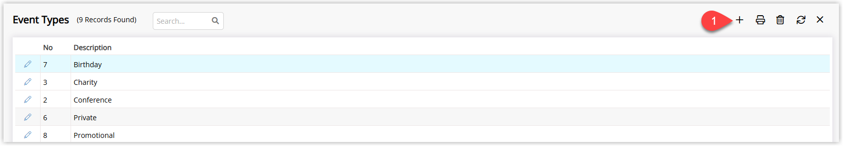 RMS Event Types setup screen showing an empty list of event types with the Add button highlighted to create a new event type.