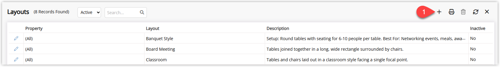 Event Layout setup screen in RMS showing a list of existing layouts for the Event Management module with an Add button to create a new layout