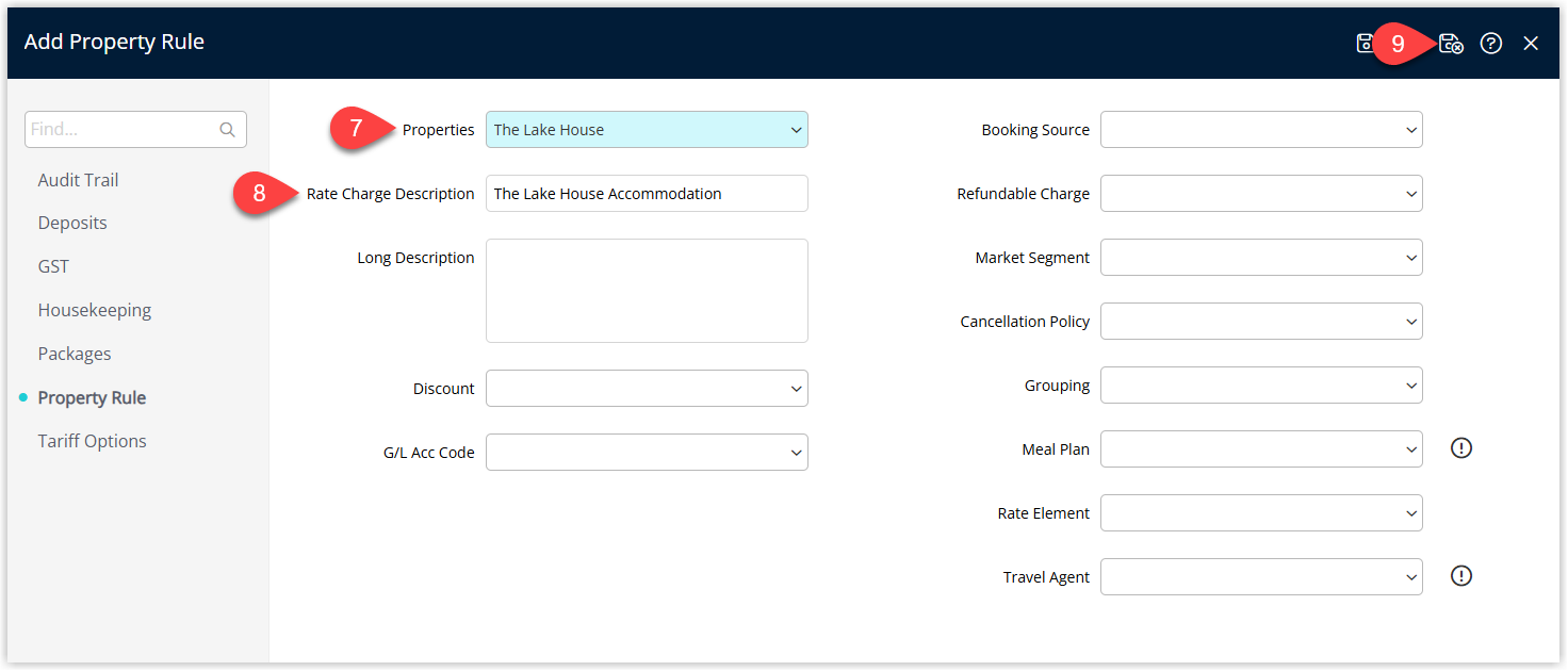 Annotated screenshot of the Add Property Rule screen in RMS showing the Properties and Rate Charge Description fields configured for a property-specific rate rule