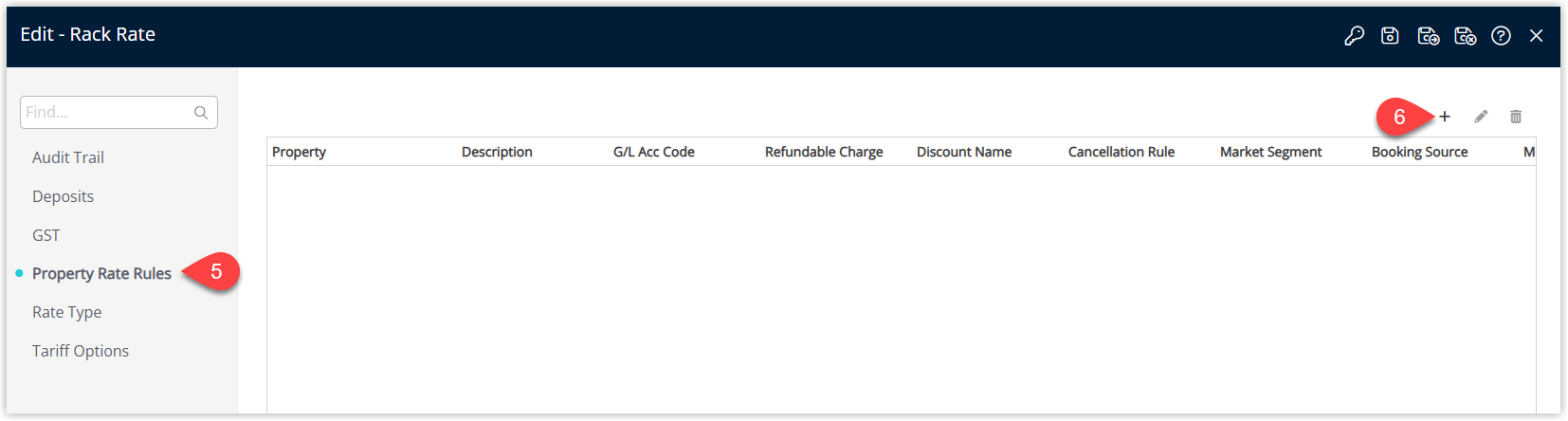 Annotated screenshot of the Edit Rate Type screen in RMS showing the Property Rate Rules section with an empty rules list and the Add button highlighted