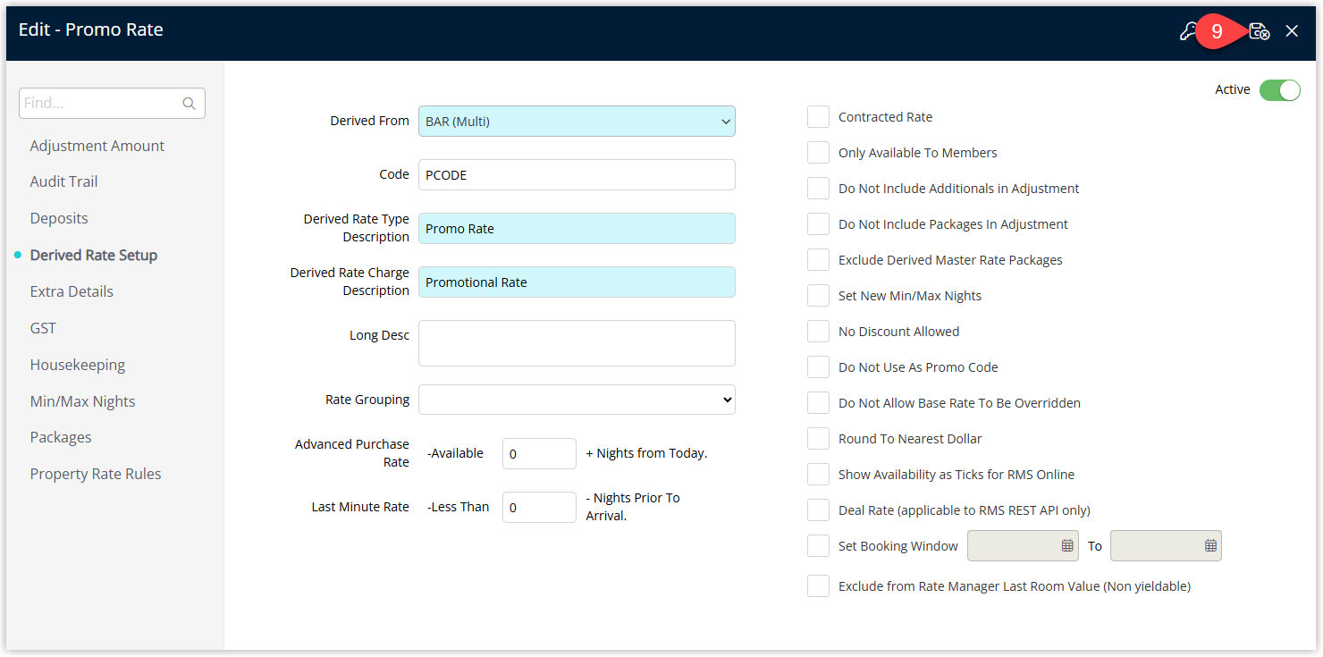 RMS Derived Rate Type setup window showing that access settings have been configured, with the Save/Exit button highlighted to store the updated Derived Rate access configuration.