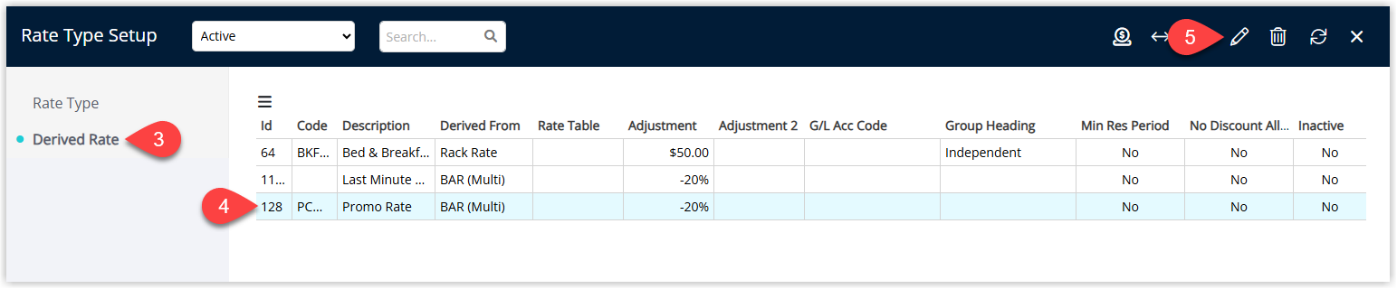 RMS Rate Types screen on the Derived Rate tab, showing a list of Derived Rate Types with one Derived Rate highlighted and the Edit button selected to open its configuration.