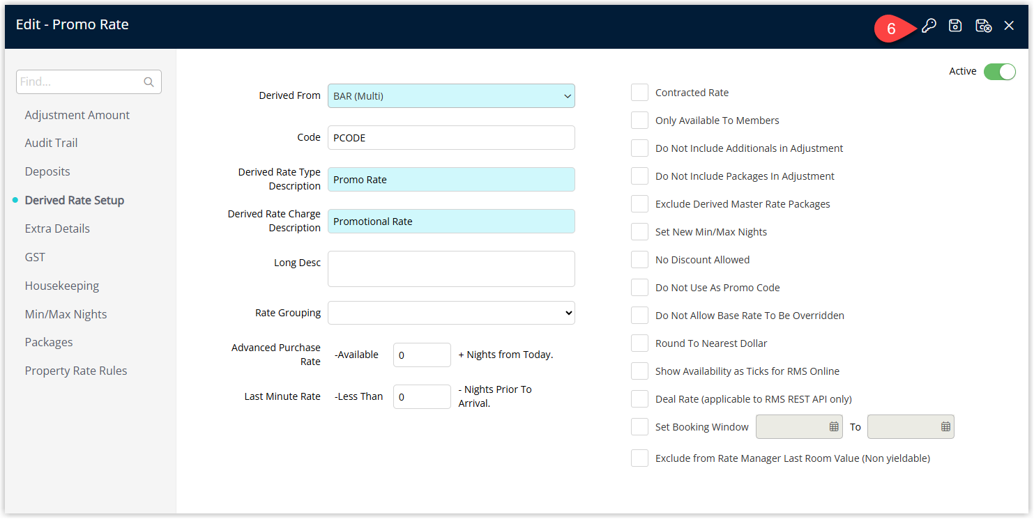 RMS Derived Rate Type setup window with multiple tabs, showing the Access tab or Access button highlighted to configure which Companies, Discounts, Security Profiles and Travel Agents can use this Derived Rate.