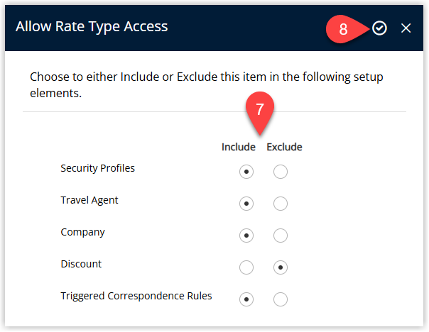 RMS Derived Rate Access screen listing access types such as Companies, Discounts, Security Profiles and Travel Agents, each with Include or Exclude options selected, and the Apply button highlighted to update which entities can use this Derived Rate.