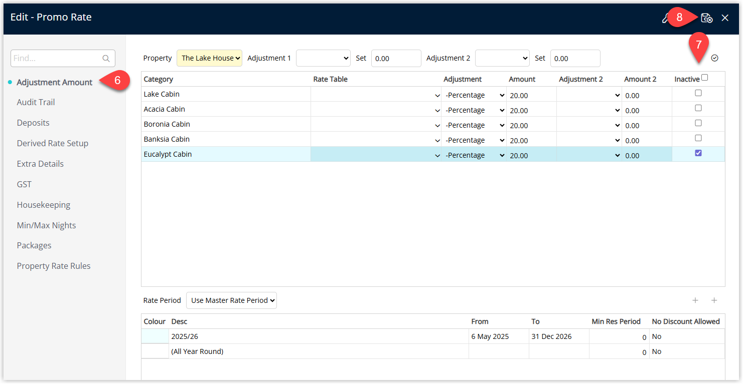 Annotated screenshot of the Edit Derived Rate Adjustment Amount screen in RMS showing the category adjustments with the Inactive checkbox selected for a category