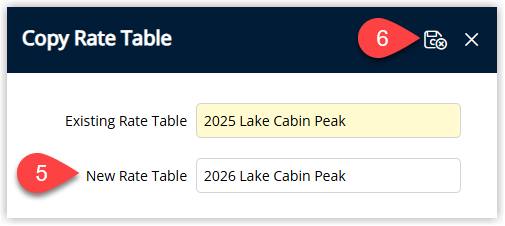 Copy Rate Table dialog displaying the original rate table details with a field to enter a new Description for the copied table and a Copy/Exit button to create the new rate table for future seasons