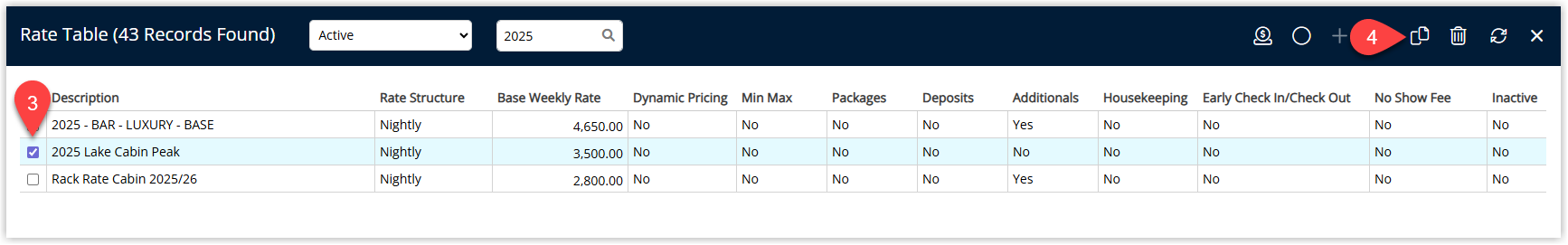 Rate Tables list in RMS showing an existing rate table highlighted with a Copy button or icon selected to duplicate its configuration