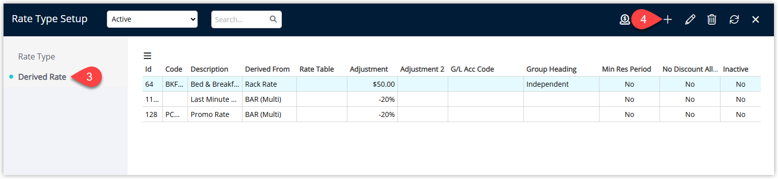 Rate Types window on the Derived Rate tab showing an empty list of derived rates with an Add button to create a new derived rate type