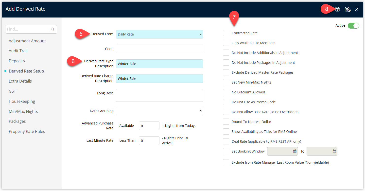 Derived Rate setup screen displaying fields for Derived From master rate type, Derived Rate Type Description and a list of derived rate options with checkboxes, plus a Save button