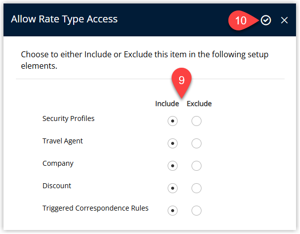 Derived Rate Type Access dialog showing a list of properties or channels with checkboxes to control where the derived rate is available and an Apply button