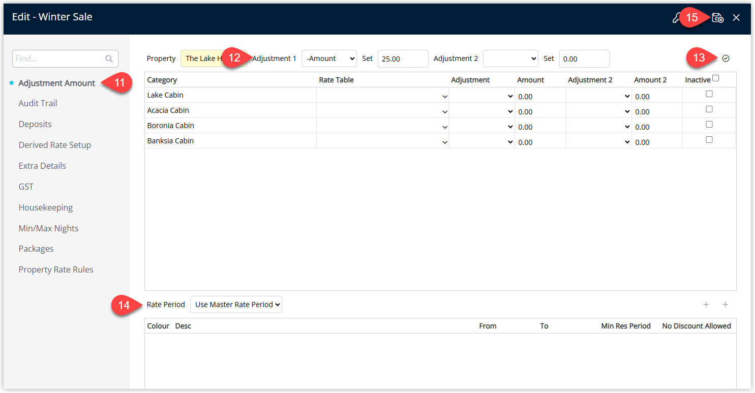 Derived Rate Adjustment Amount tab showing fields for adjustment type and value, a grid to set category-specific adjustments, an Apply to All button, Rate Period options (Use Master Rate Period or Use Existing Period) and a Save/Exit button