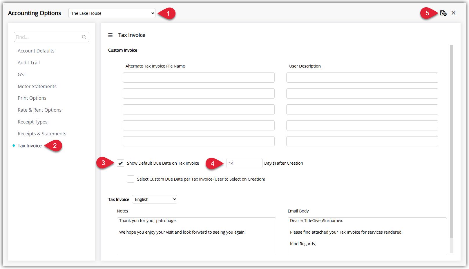 Accounting Options screen on the Tax Invoice tab showing Show Default Due Date on Tax Invoice enabled with a number of days after creation entered and the Save Exit button selected.
