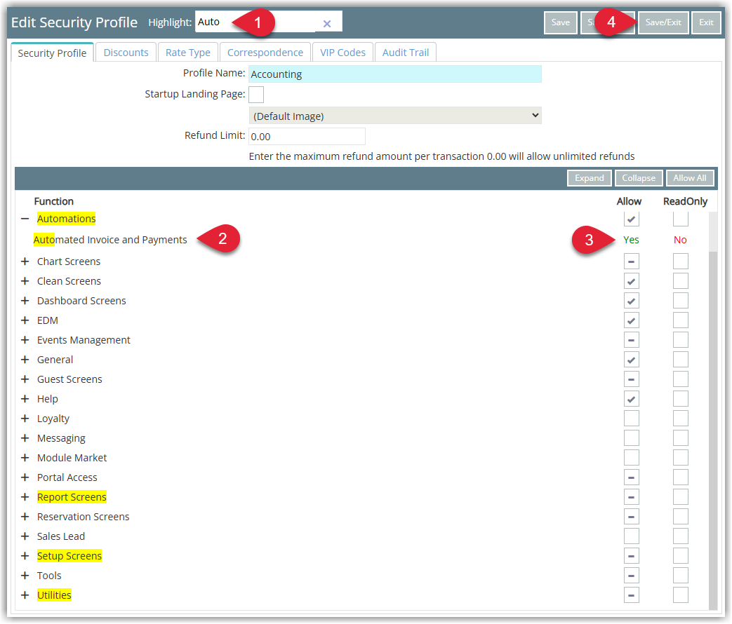 Security Profile settings in RMS with Auto related permissions highlighted showing expanded options and Yes No toggles for Automated Invoices and Payments access.