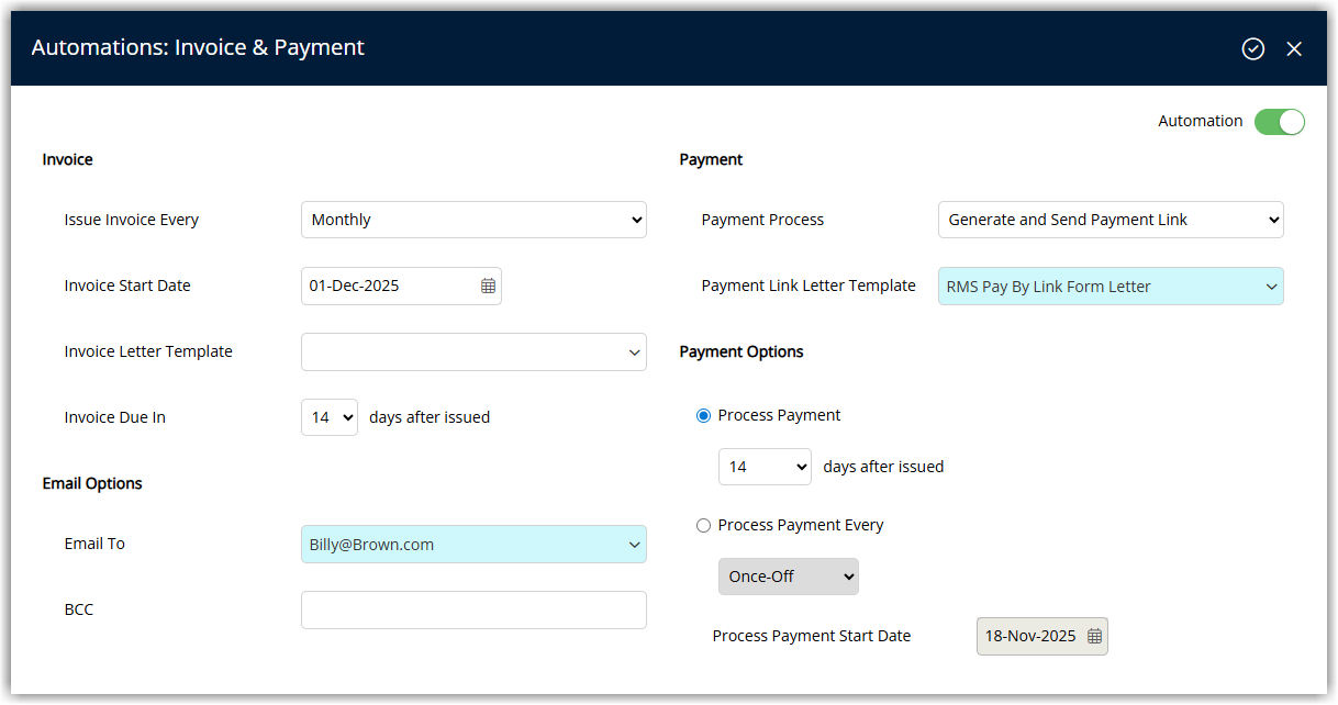 Invoice and Payment Automation configuration window displaying options for invoice frequency start date form letter template due date email recipients payment process type payment timing and automation toggle.