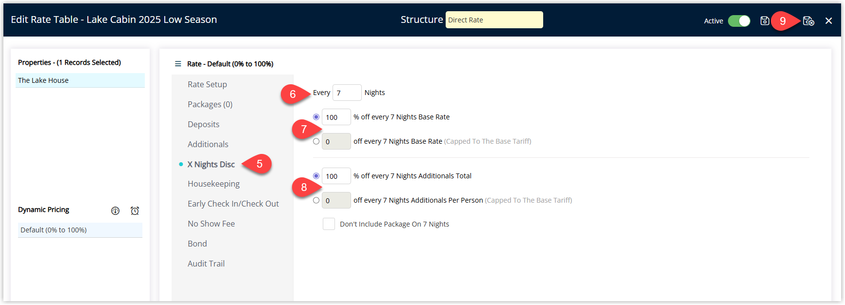 Rate Table editor in RMS on the X Nights Discount tab showing fields for Number of Nights (e.g. 7), Discount Percentage or Amount for the nightly rate (e.g. 100%), Additionals Discount Percentage or Amount (e.g. 100%), an optional Don’t Include Package on X Nights checkbox, and the Save/Exit button to apply the X Nights discount settings.