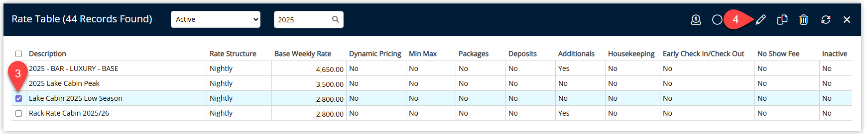 Rate Tables list in RMS showing existing rate tables with one table highlighted and the Edit button selected to modify its settings.