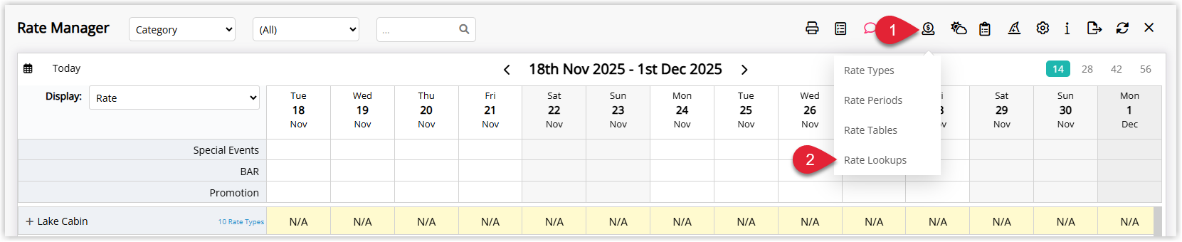 Screenshot of the Rate Manager Rates menu in RMS showing the Rate Lookup option