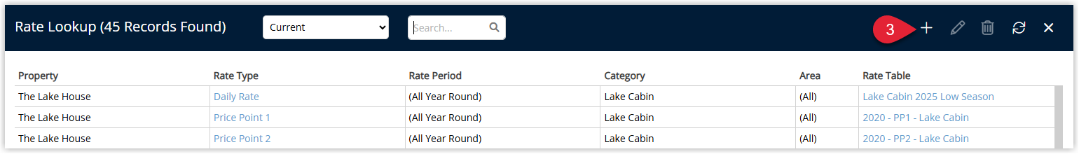 Screenshot of the Rate Lookup list in RMS showing the Add button