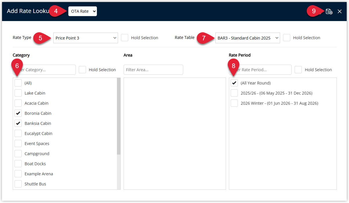 Screenshot of the Add Rate Lookup modal in RMS showing the completed Multi BAR setup