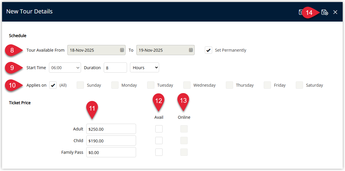 Tour Schedule setup window in RMS with fields for Tour Available From and To dates or Set Permanently, Start Time, Duration, days the tour Applies On, ticket types with Ticket Price fields, checkboxes for Avail to make each ticket type available and Online to allow purchase on the RMS Booking Engine, and a Save/Exit button to store the schedule.
