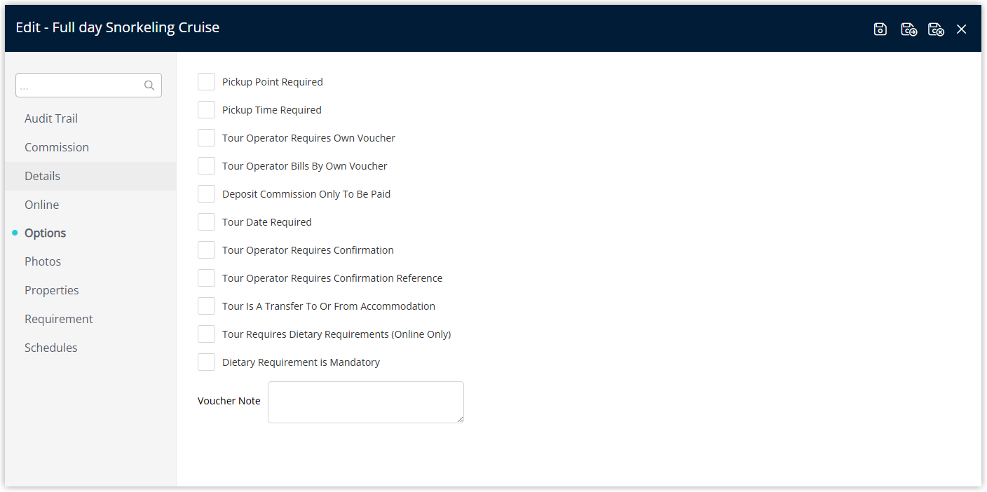 Tour Options tab in RMS showing checkboxes and settings including Pickup Point Required, Pickup Time Required, Tour Operator Requires Own Voucher or Bills By Own Voucher, Deposit Commission Only To Be Paid, Tour Date Required, Tour Operator Requires Confirmation, Tour Operator Requires Confirmation Reference, and ‘Tour is a Transfer To or From Accommodation’.