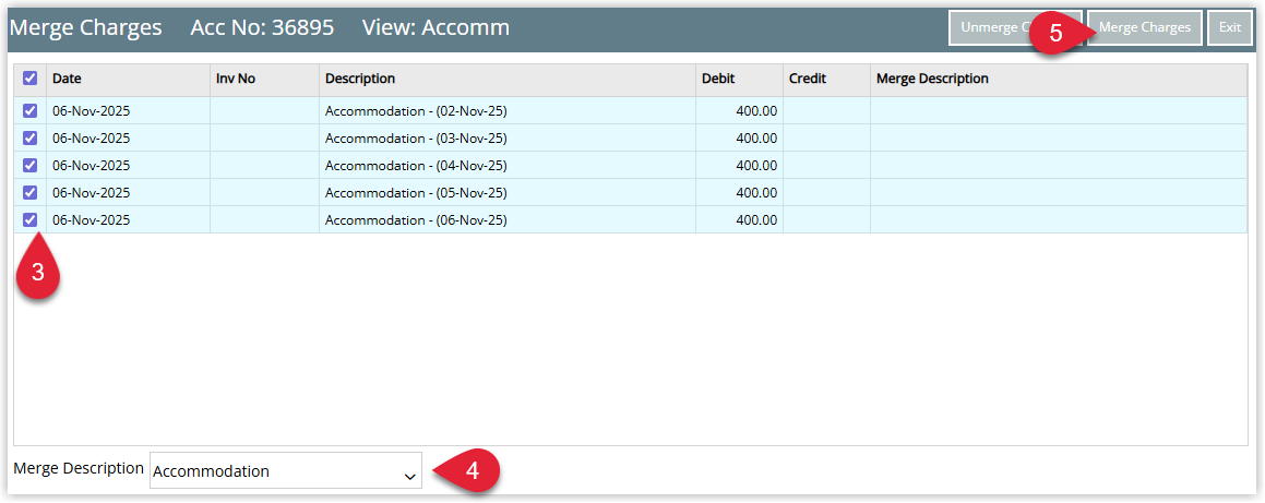 Merge Charges window in RMS showing a list of extra charges with checkboxes to select which lines to merge, a dropdown to choose the Sundry Charge Description for the merged line and a 'Merge Charges' button to apply the merge