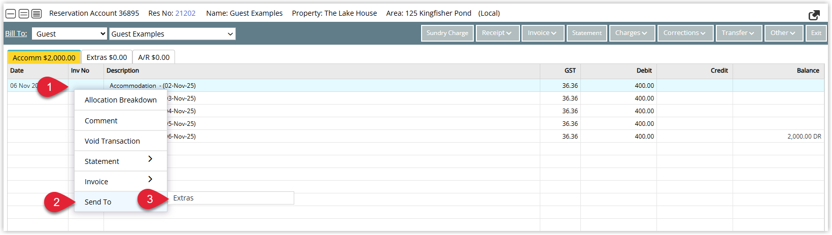 Reservation Account screen in RMS with a transaction line right-clicked, showing a context menu with the 'Send To' option and a list of destination accounts to move the selected charge to
