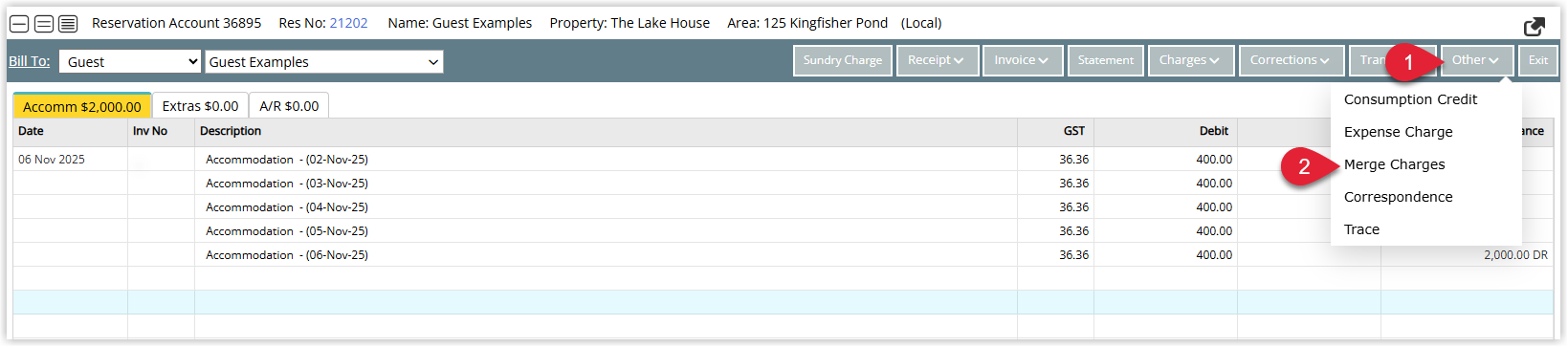 Reservation Account screen in RMS with the Other menu expanded and the 'Merge Charges' option highlighted to begin combining multiple charges into one