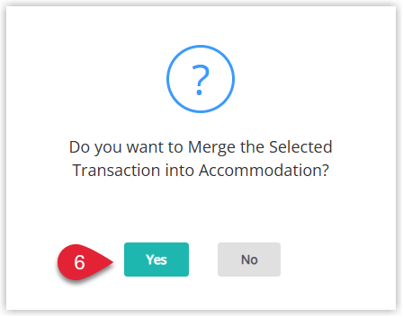 Confirmation dialog in RMS asking to confirm merging the selected charges into a single transaction, with Yes and No buttons and Yes highlighted to proceed
