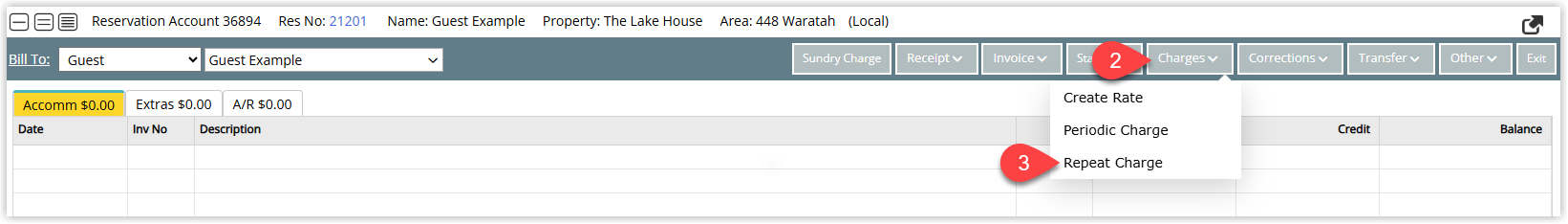 Screenshot of the reservation account showing the Charges button menu open with the Repeat Charge option selected.