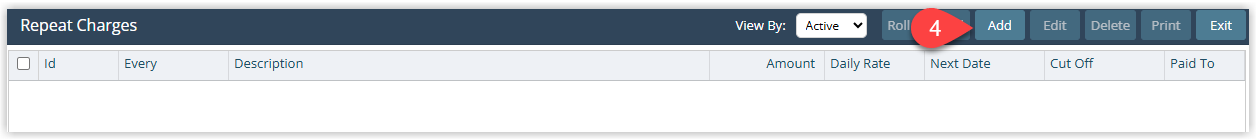 Screenshot of the Repeat Charge window with the Add button highlighted to create a new repeat charge.