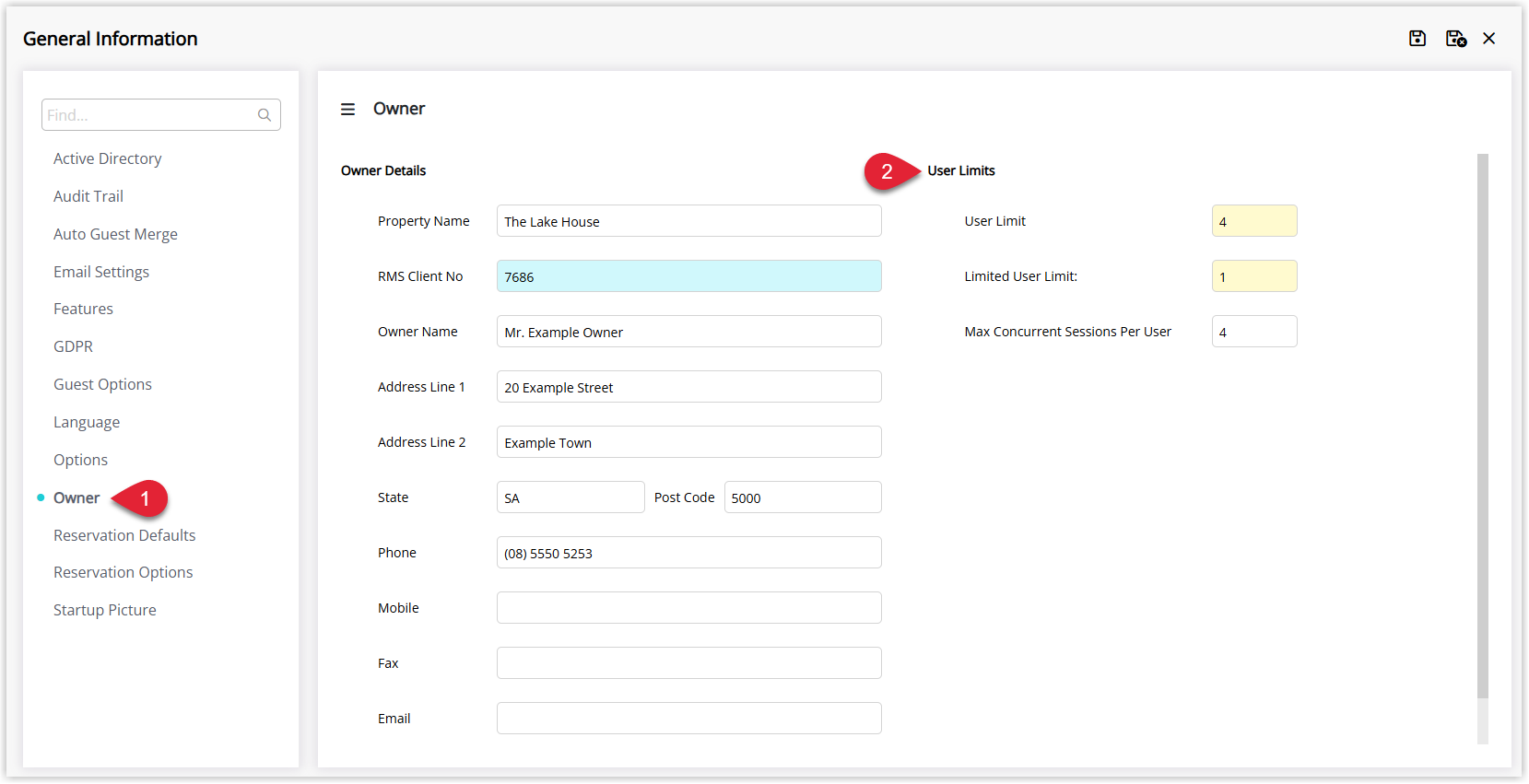 RMS General Information screen on the Owner tab showing the User Limits section with fields for User Limit, Limited User Limit, and Max Concurrent Sessions Per User, used to control how many full access and limited access users can be logged in at the same time.