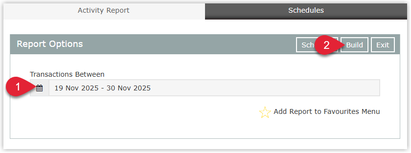 RMS Guest Loyalty Activity Report screen showing filters for Date Range and other options at the top, the Build button highlighted, and a generated report table below listing loyalty transactions with columns such as Transaction Date, Description, Original Amount, Transaction Value, Transaction Type, Redeemed, Campaign ID, Campaign Name, RMS Adjustment, RMS User, Additional Information, Account Code, Card Number, Guest First Name, Guest Last Name, and Guest Email Address.