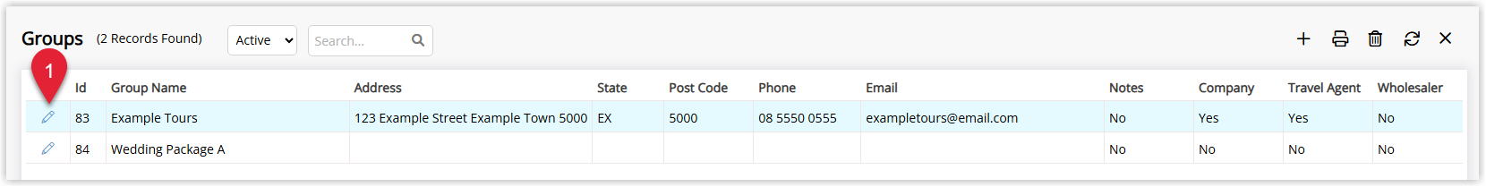 Screenshot of the Groups screen in RMS showing a group highlighted in the list with the Edit option available to open the group details.