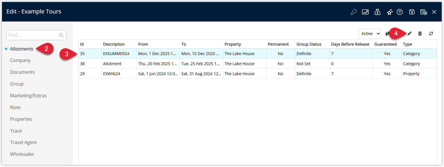 Screenshot of the Group setup screen in RMS with the Allotments tab selected, showing existing allotments configured for the group.